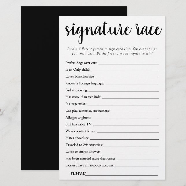 Simple Signature Race | Tarjeta de juego negra y b (Anverso / Reverso)