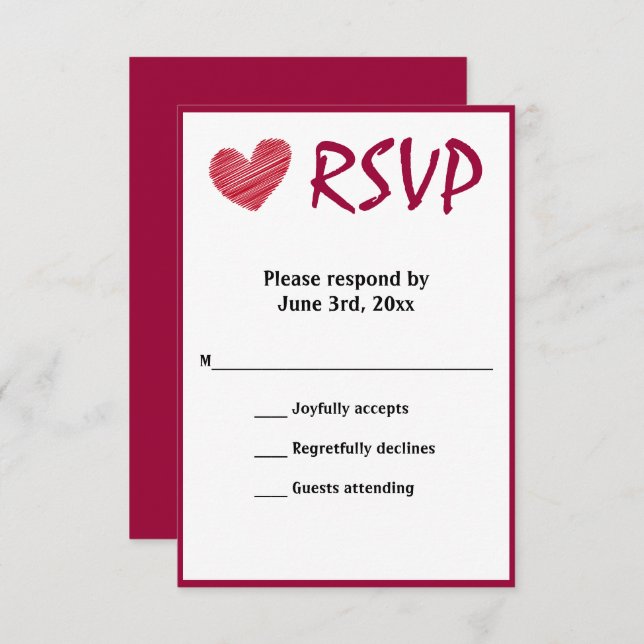 Simple Sketchy Red Heart Wedt Wedt RSVP card (Anverso / Reverso)
