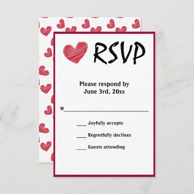 Simple Sketchy Red Heart Wedt Wedt RSVP card (Anverso / Reverso)