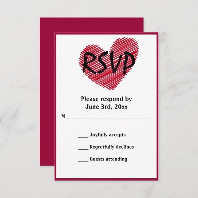 Simple Sketchy Red Heart Wedt Wedt RSVP card (Anverso / Reverso)