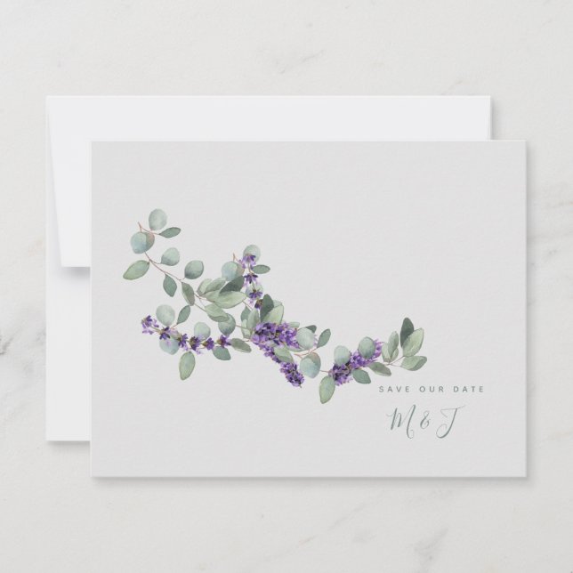 Simple Tallo de Lavanda Gris Boda Guardar la Fecha (Anverso)