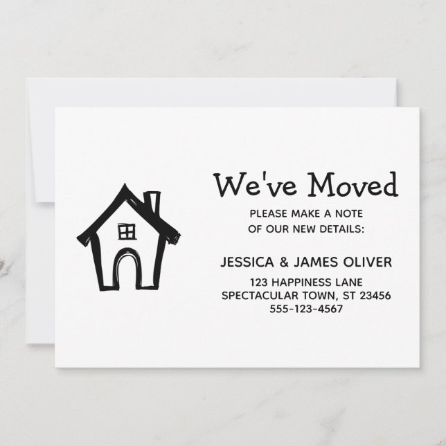 Simple tarjeta blanca "We've Moved" con Little Hou (Anverso)