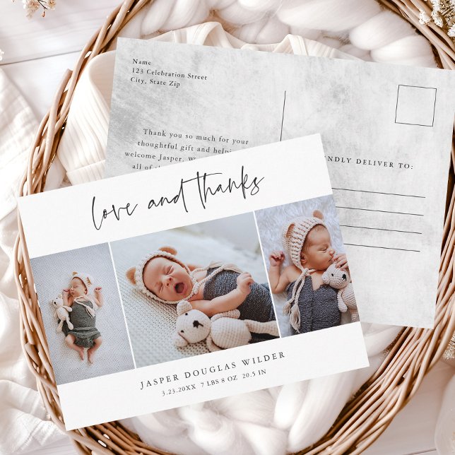 Simple Tarjeta de agradecimiento y amor para bebé  (Simple 3 Photo Script Love and Thanks Baby Announcement Thank You Postcards.)