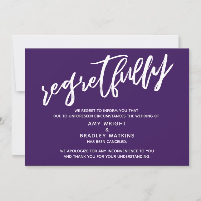 Simple Tarjeta de Boda Cancelada con Lamento Púrpu (Anverso)