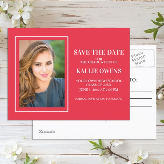 Simple Tarjeta de Guardado de Fecha de Graduación  (Red graduation photo Save the Date postcard)