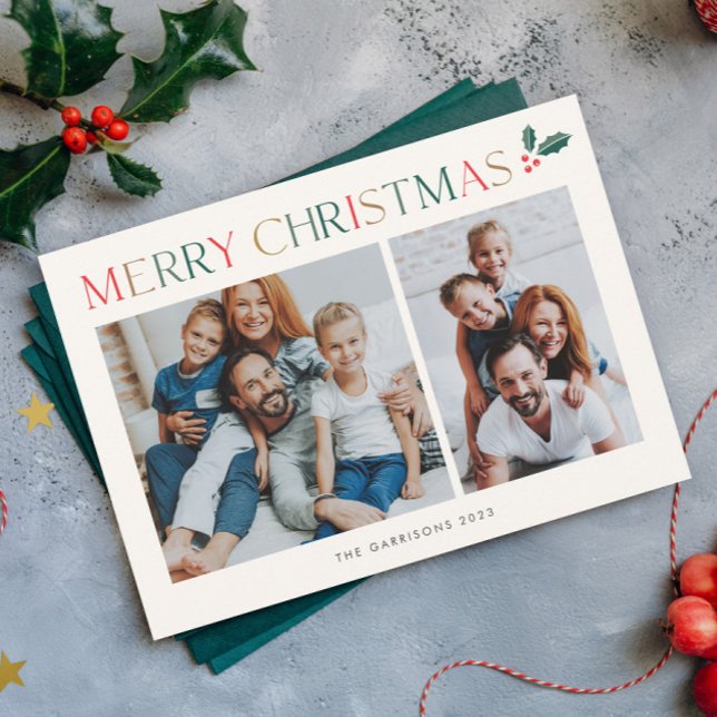 Simple tarjeta de Navidad alegre y colorida con 3  (Simple 3 photo colorful typography merry christmas holiday card.)