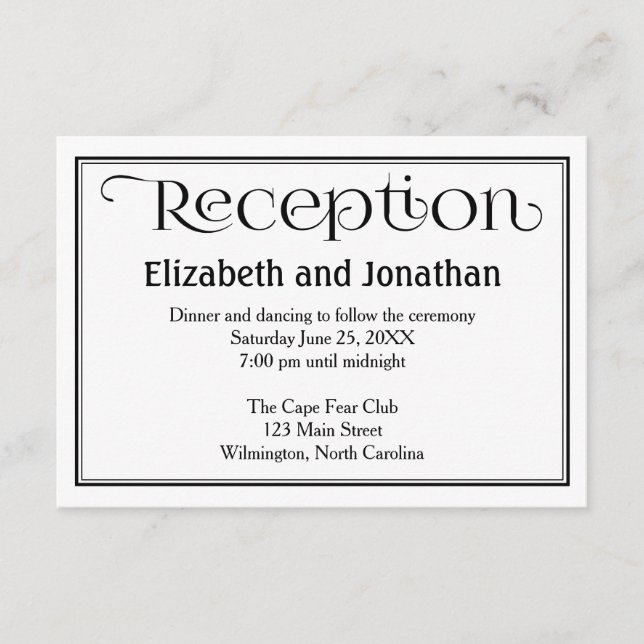 Simple tarjeta de recepción de la boda blanca y ne (Anverso)
