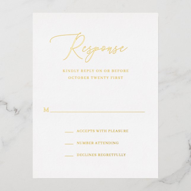 Simple tarjeta RSVP de matrimonio Relieve metaliza (Anverso)