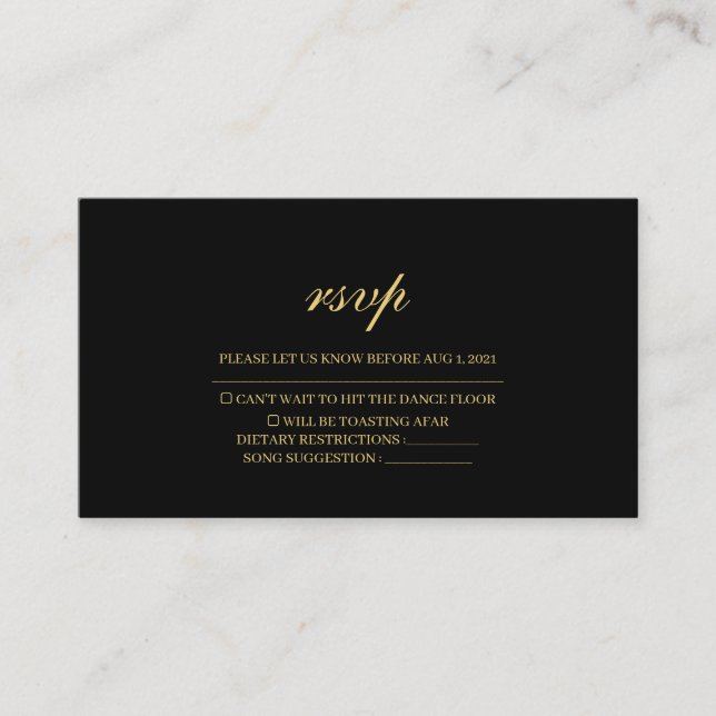 Simple tarjeta tradicional RSVP de Boda Negra y Or (Anverso)