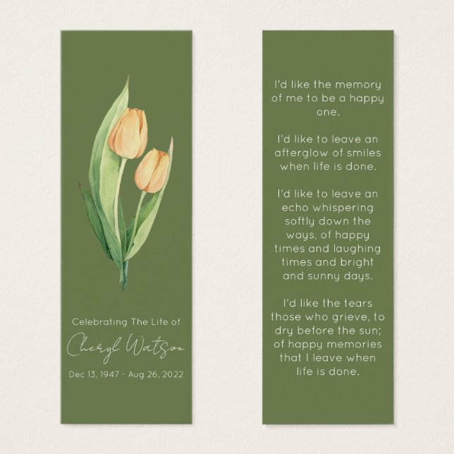 Simple Tulip Funeral Memorial Bookmark (Anverso y reverso)