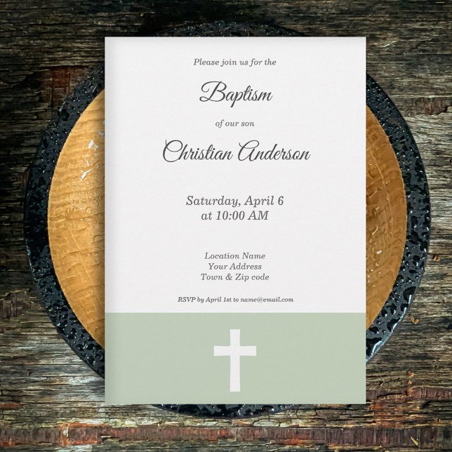 Simple, verde con una invitación de bautismo cruza (Green with a Cross Baptism Invitation)