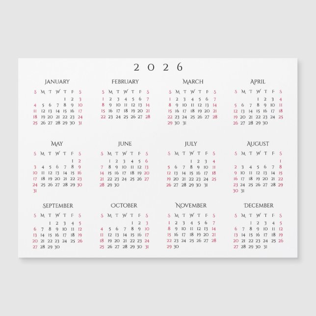 Simple White 2026 Yearly Full Year Calendar Magnet (Anverso)