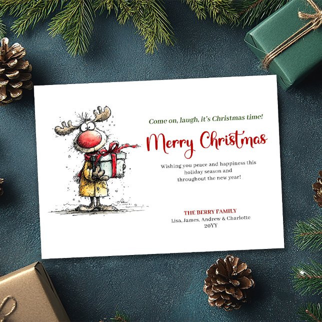Simple y Divertida Tarjeta de Navidad de Reno (Simple Quirky Reindeer Merry Christmas Card)