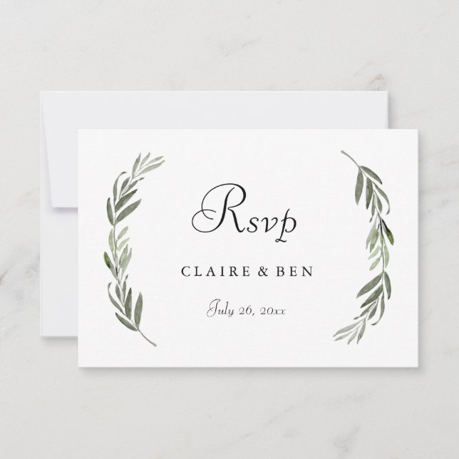 Simple y moderna Boda de hojas de oro verde RSVP (Anverso)