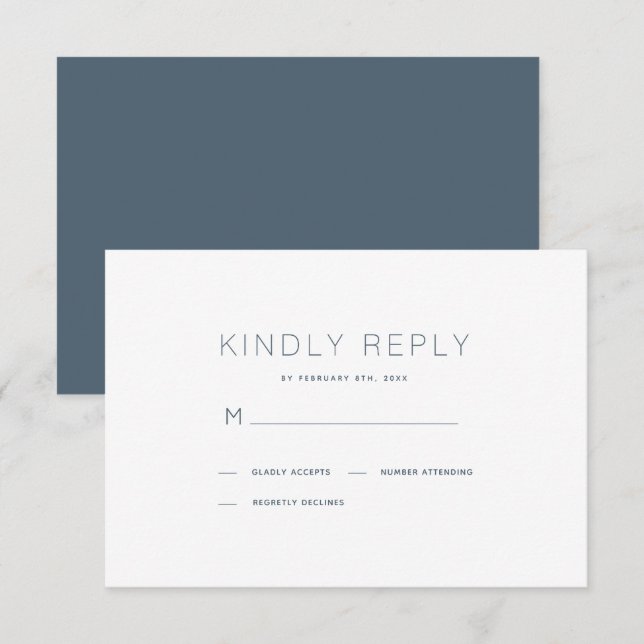 Simple y moderna tarjeta RSVP de Boda Azul blanca  (Anverso / Reverso)