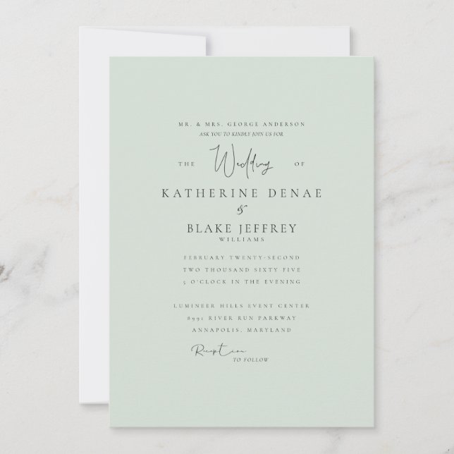 Simplemente Elegante Invitación de Boda Verde Ment (Anverso)
