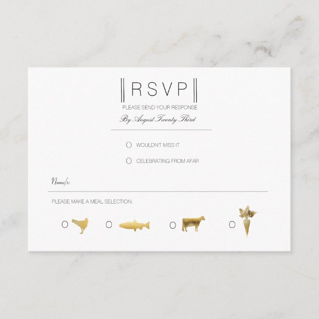 Simplemente elegante | RSVP moderna en negro y oro (Anverso)