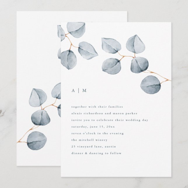 Simplicidad de Eucalyptus | Invitación a la boda (Anverso / Reverso)
