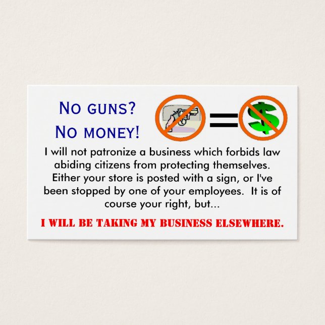 Sin armas = Sin tarjeta de visita de dinero (Frente)