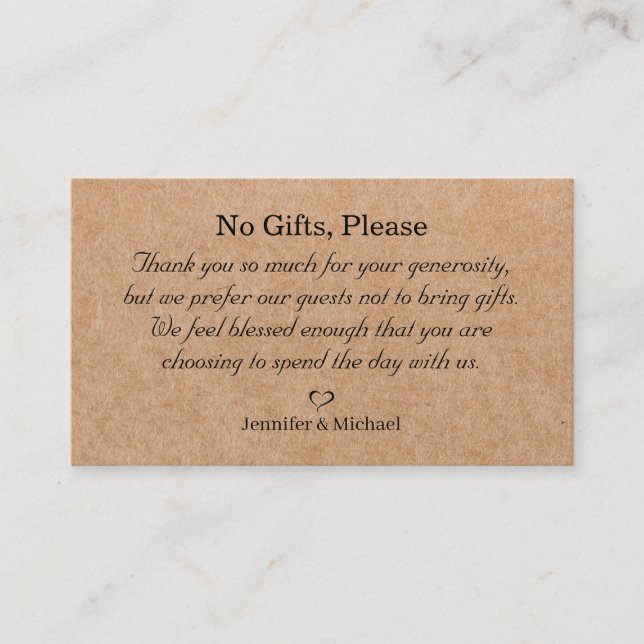 sin regalos, por favor, nota sobre regalos de boda (Anverso)