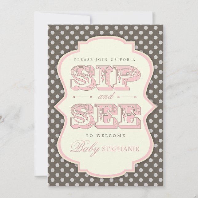 Sip and See Sweet Baby Girl Pink Brown Invitación (Anverso)
