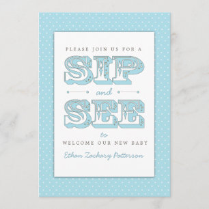 Sip y ve a un niño dulce en una invitación azul