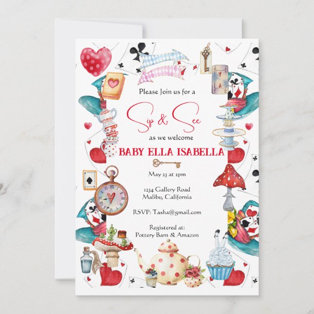 Sip y ver la invitación a la fiesta del té de Alic (Anverso)