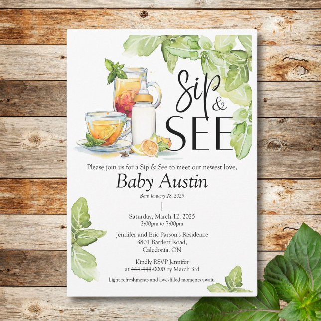 Sip y ver la invitación al bebé (Invite friends and family to Sip and See your newest addition with this elegant and warm invite.)