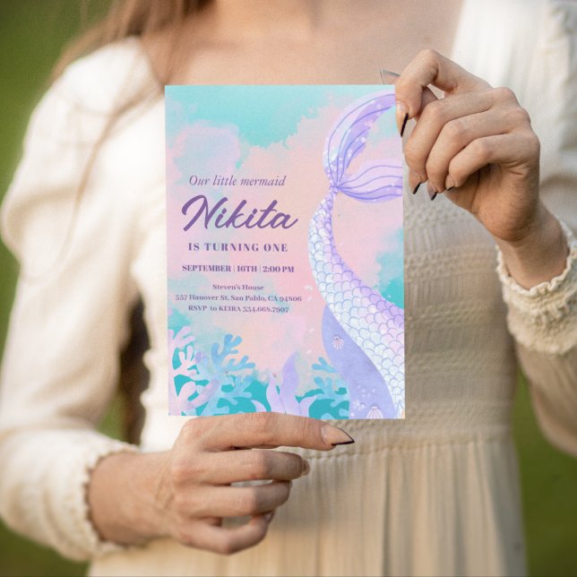 sirena acuarela primer cumpleaños Invitación (Subido por el creador)