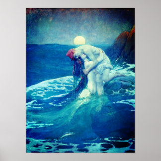 Sirena azul abrazando a Poster de arte marinero