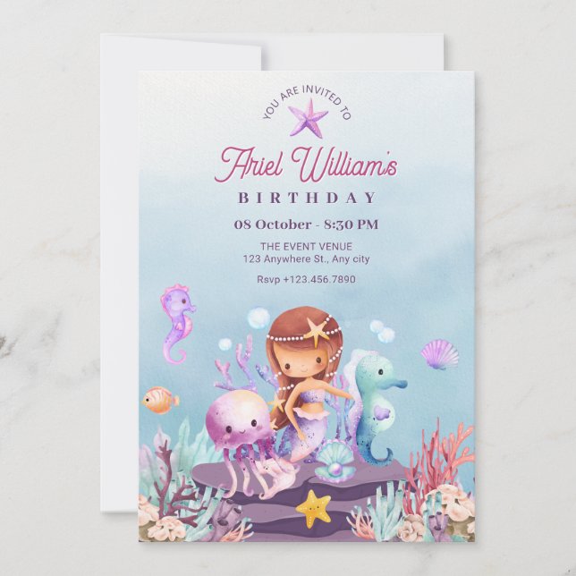 Sirena bajo invitación de cumpleaños al mar (Anverso)