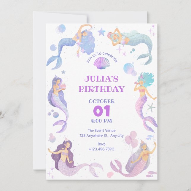 Sirena bajo invitación de cumpleaños de mar (Anverso)