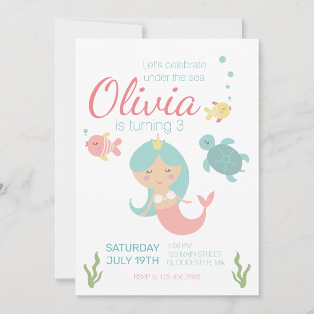 Sirena bajo invitación de cumpleaños de mar (Anverso)