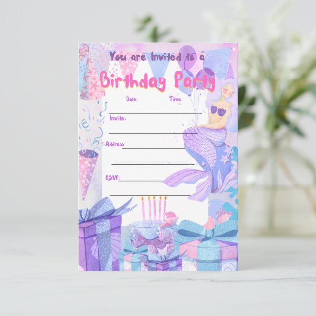 sirena, casera, invitación a fiesta chica de cumpl (Anverso de pie)