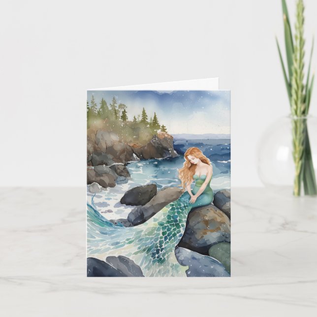 Sirena De Acuarela Sobre Las Rocas Del Océano (Anverso)