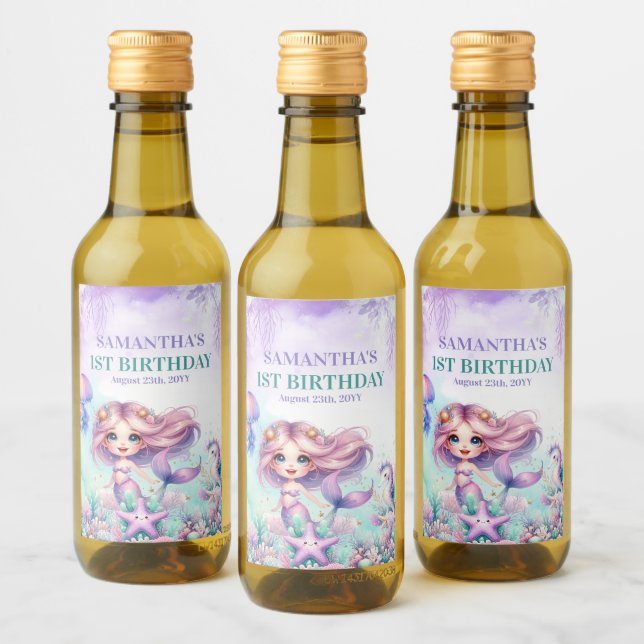 Sirena de cumpleaños número uno en acuarela morado (Botellas)