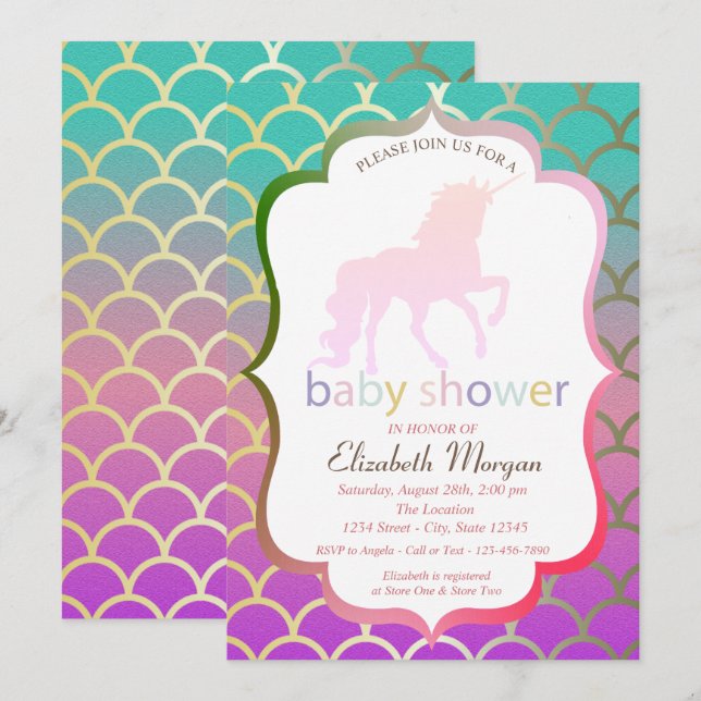 Sirena de Unicornio divide la invitación a Baby Sh (Anverso / Reverso)