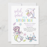 Sirena, delfín, invitación de cumpleaños de tortug