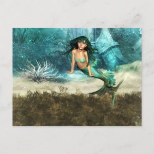 Sirena en postal de piso oceánico