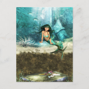 Sirena en postal de piso oceánico