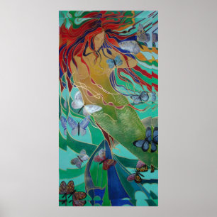 Sirena Nadando con mariposas Fantasía Arte