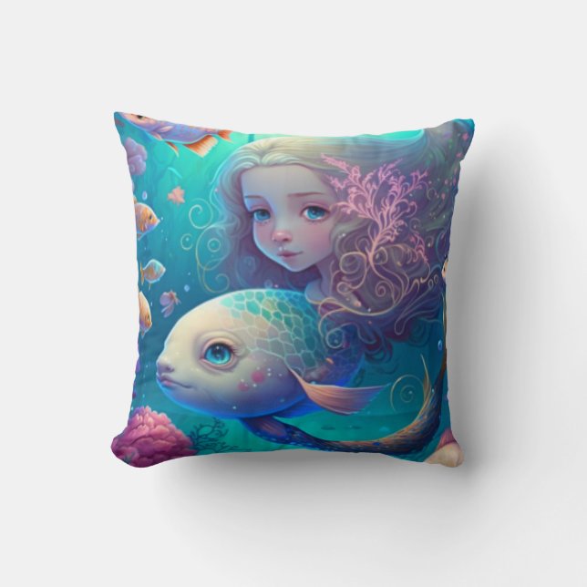 Sirena nadando con peces lindo tirador almohada (Anverso)