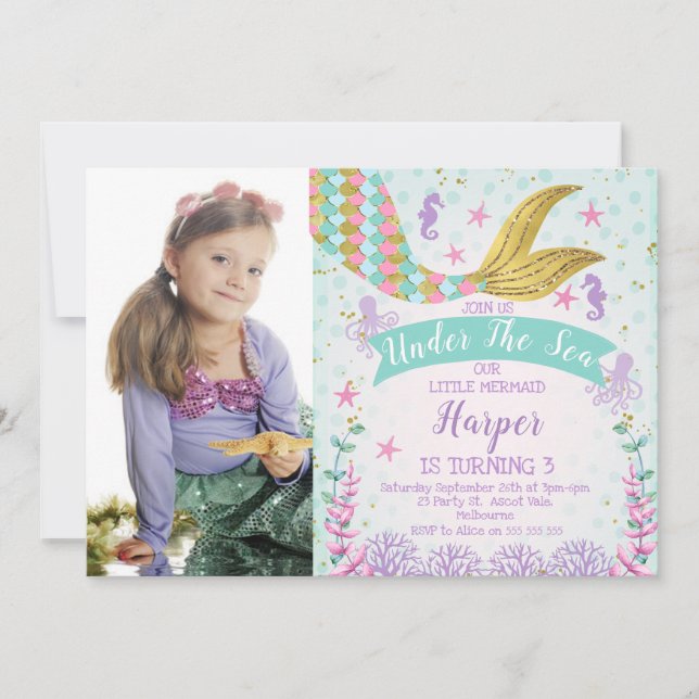 Sirena o bajo invitación del cumpleaños de la foto (Anverso)