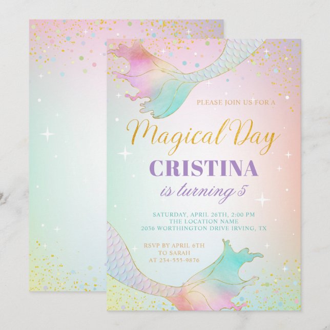 Sirena Pastel Bajo La Invitación De Cumpleaños Del (Anverso / Reverso)
