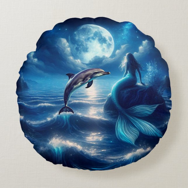 Sirena redonda y Cojín decorativo delfín (Anverso)