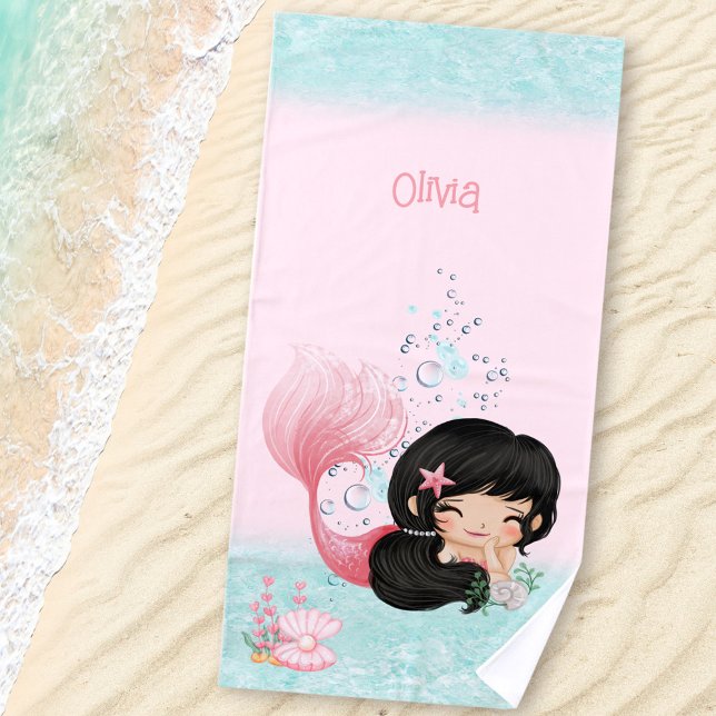 Sirena Rosa Azul Azul Oscuro Chica Nombre Toalla d (Mermaid Pink Blue Dark Hair Girl Name Beach Towel)