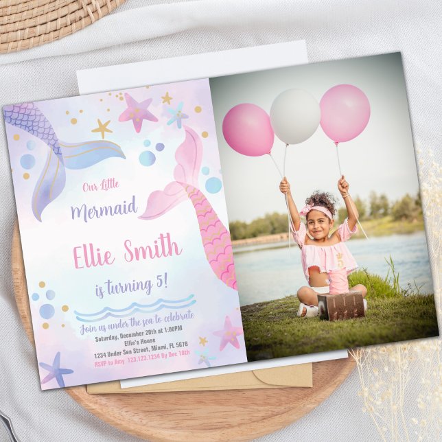 Sirena rosa y morada sigue la invitación al cumple (Pink & Purple Mermaid Tails Invitations with photo)