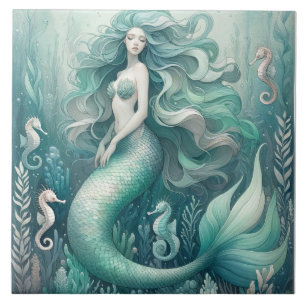 Sirena y caballitos de mar - Baldosa cerámica oceá