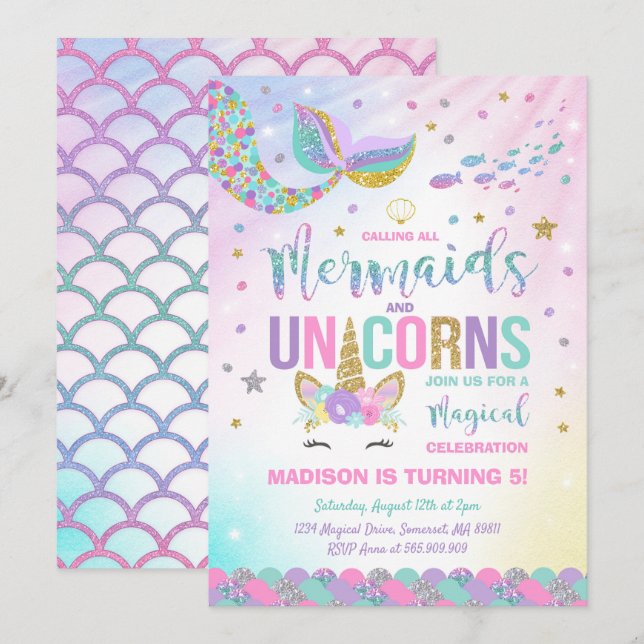 Sirena y fiesta mágico de la invitación del (Anverso / Reverso)