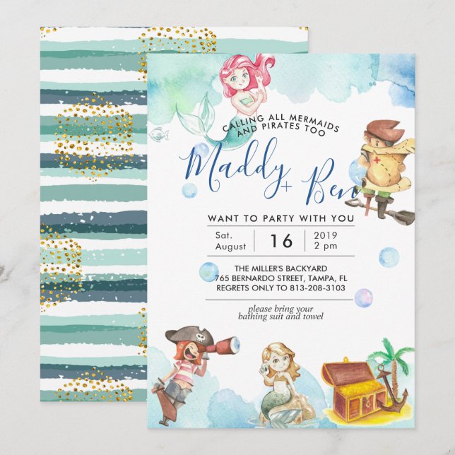 Sirena y Pirata | Invitación conjunta para fiesta  (Anverso / Reverso)
